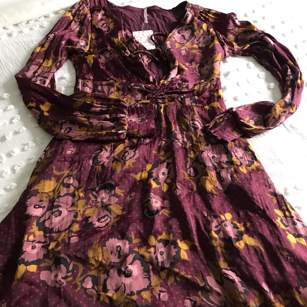 Free People Morning Light Mini Dress Floral Boho Casual Satin Polka Dot